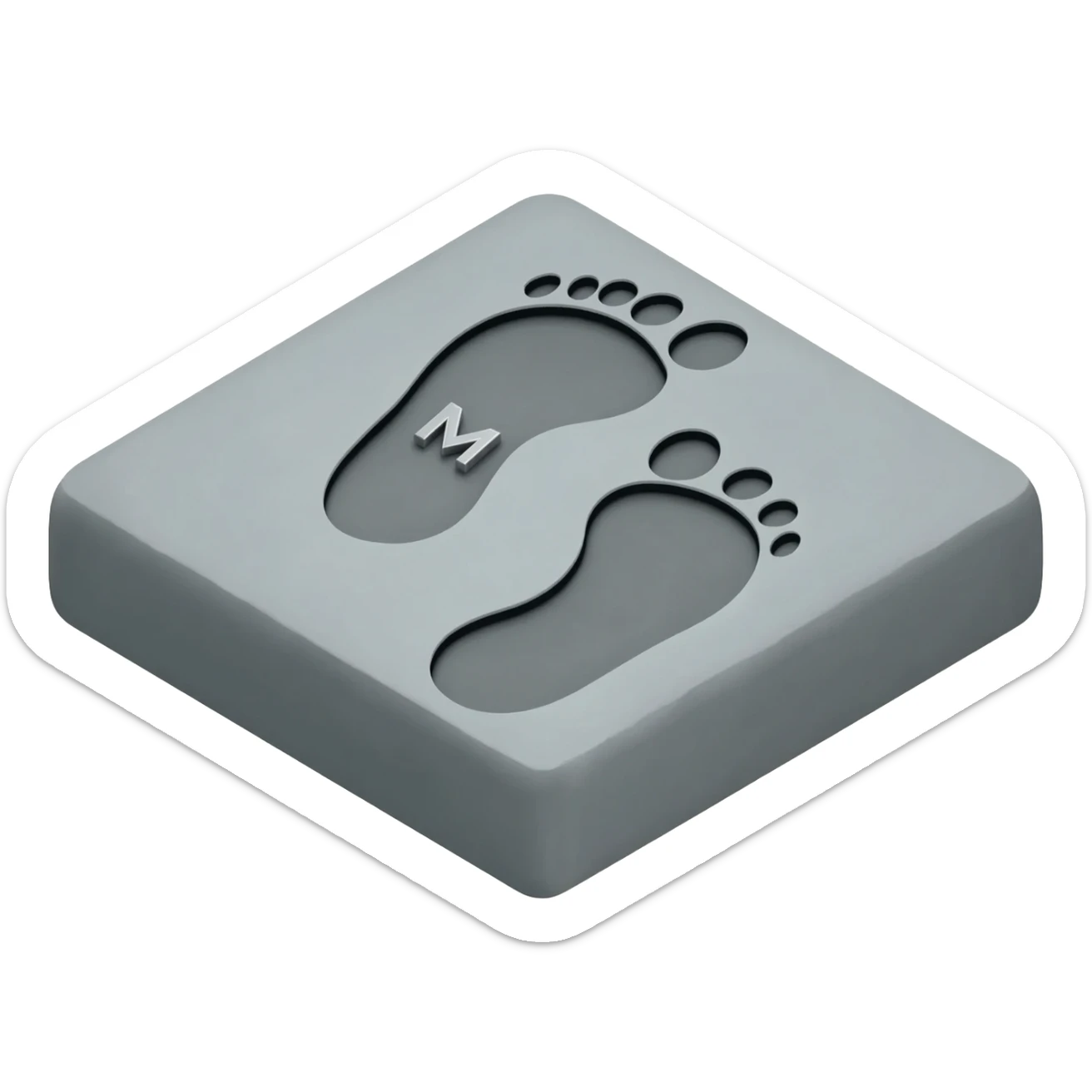 Minimalist 3D emoji: two stylized, bare footprints impressed deeply into soft, wet concrete. Textured surface. Engraved inside the heel of the leading footprint is a small, sharp chrome geometric 'M'. Isometric view, isolated on white --no background sticker