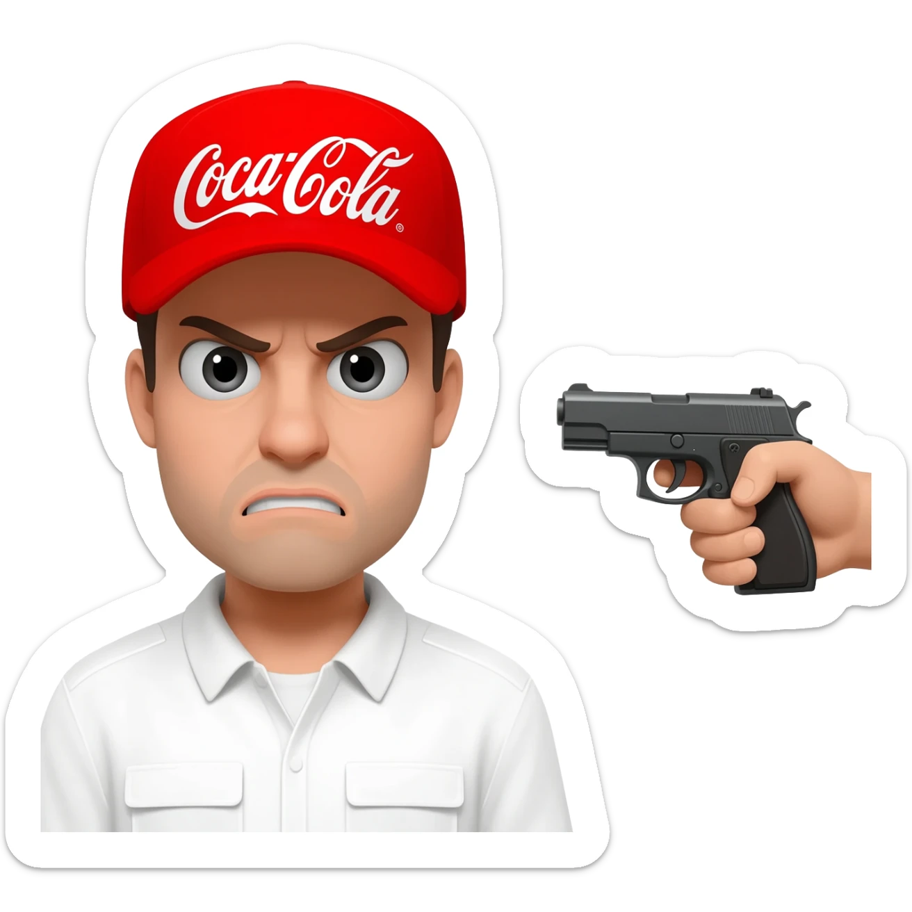 grumpy coca-cola employee with someone pointing a gun to his head sticker