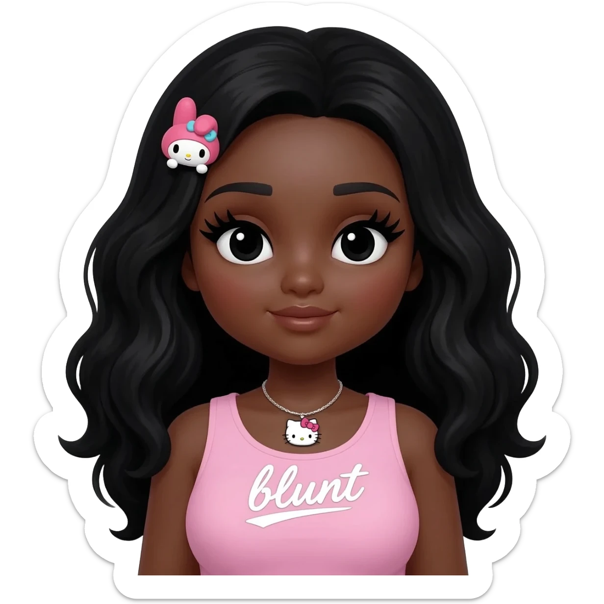 Long giant lashes, my melody hairclip, Doll faced shaped, hello kitty necklace, bimbo, black doll eyes, barbie, dark brown skin with long curls black hair, light pink bimbo sleeveless shirt says "blunt" , big breast sticker