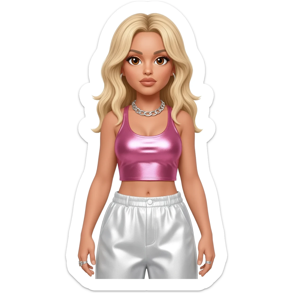 Britney Spears with brown eyes, long blonde hair, pink metallic crop top, white metallic baggy pants, silver necklace sticker