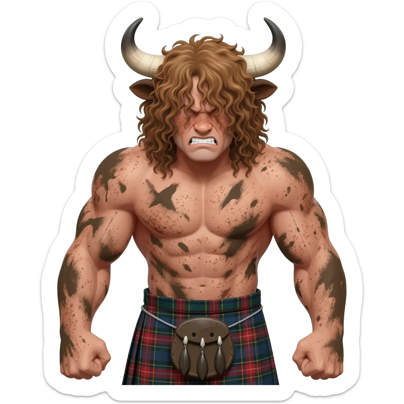big buff curly hairy man covered in dirt with freckles with messy light brown bangs that covers his face completely with bull horns and bull ears and bull tail dressed in kilt leftover hook front view furious expression sticker