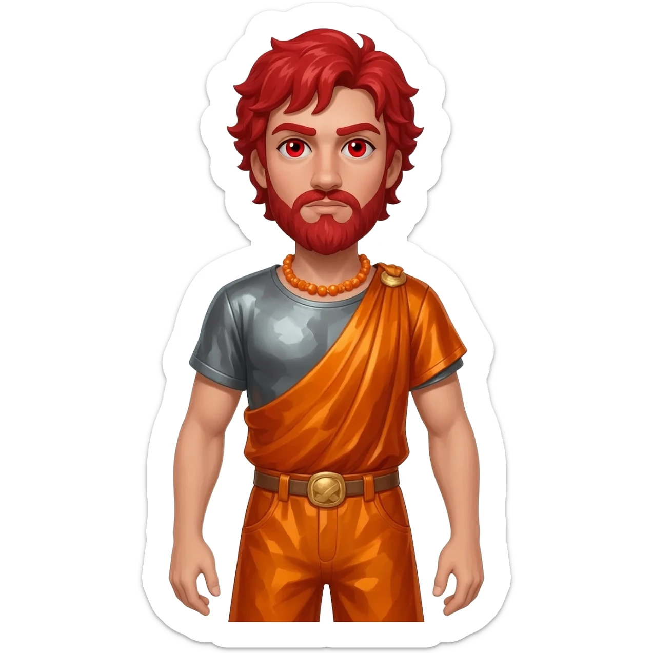 Hephaestus from Greek Mythology with red eyes, red hair, burnt orange metallic shirt, burnt orange metallic baggy pants, orange necklace sticker