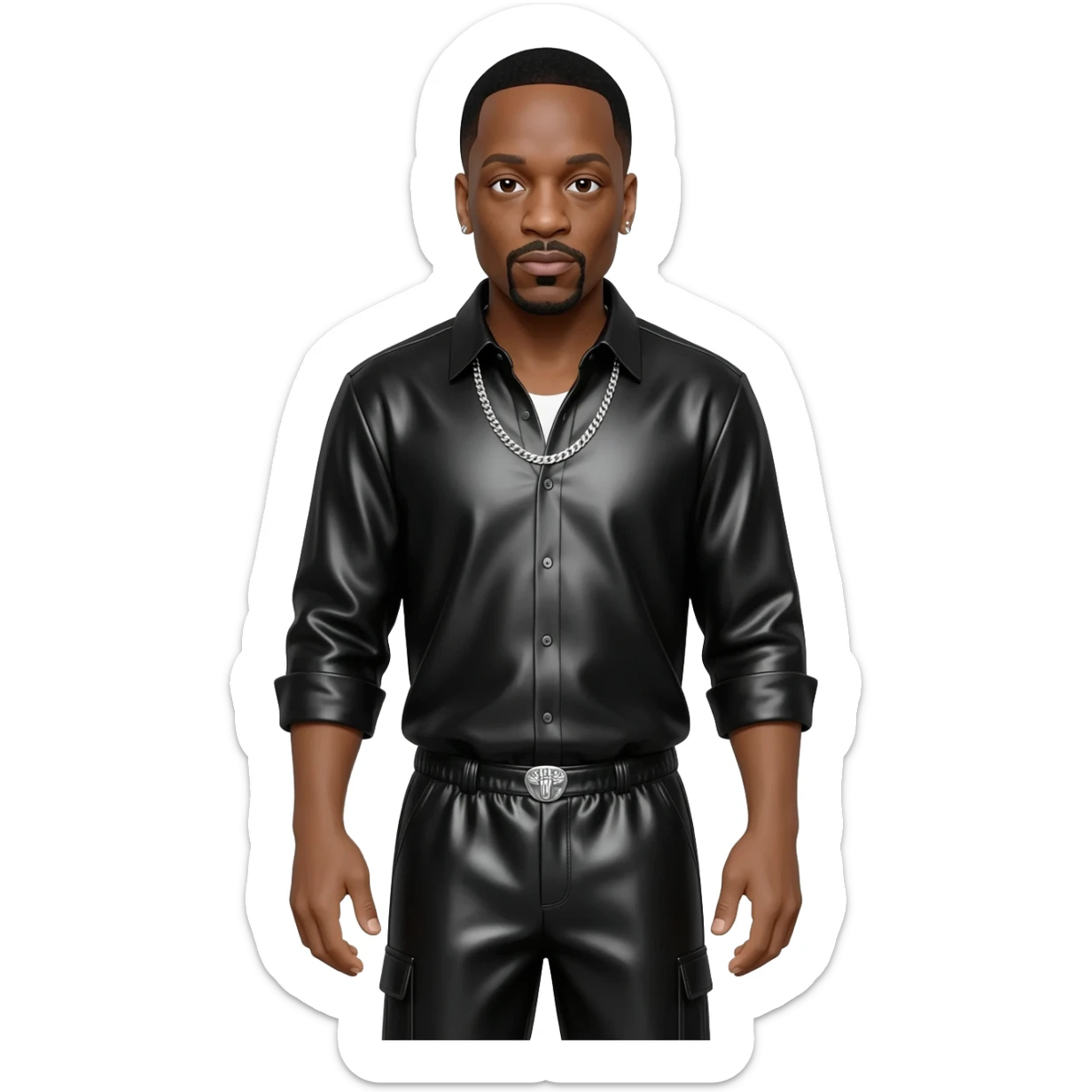 Dr Dre with black hair, black metallic shirt, black metallic baggy pants, silver necklace sticker