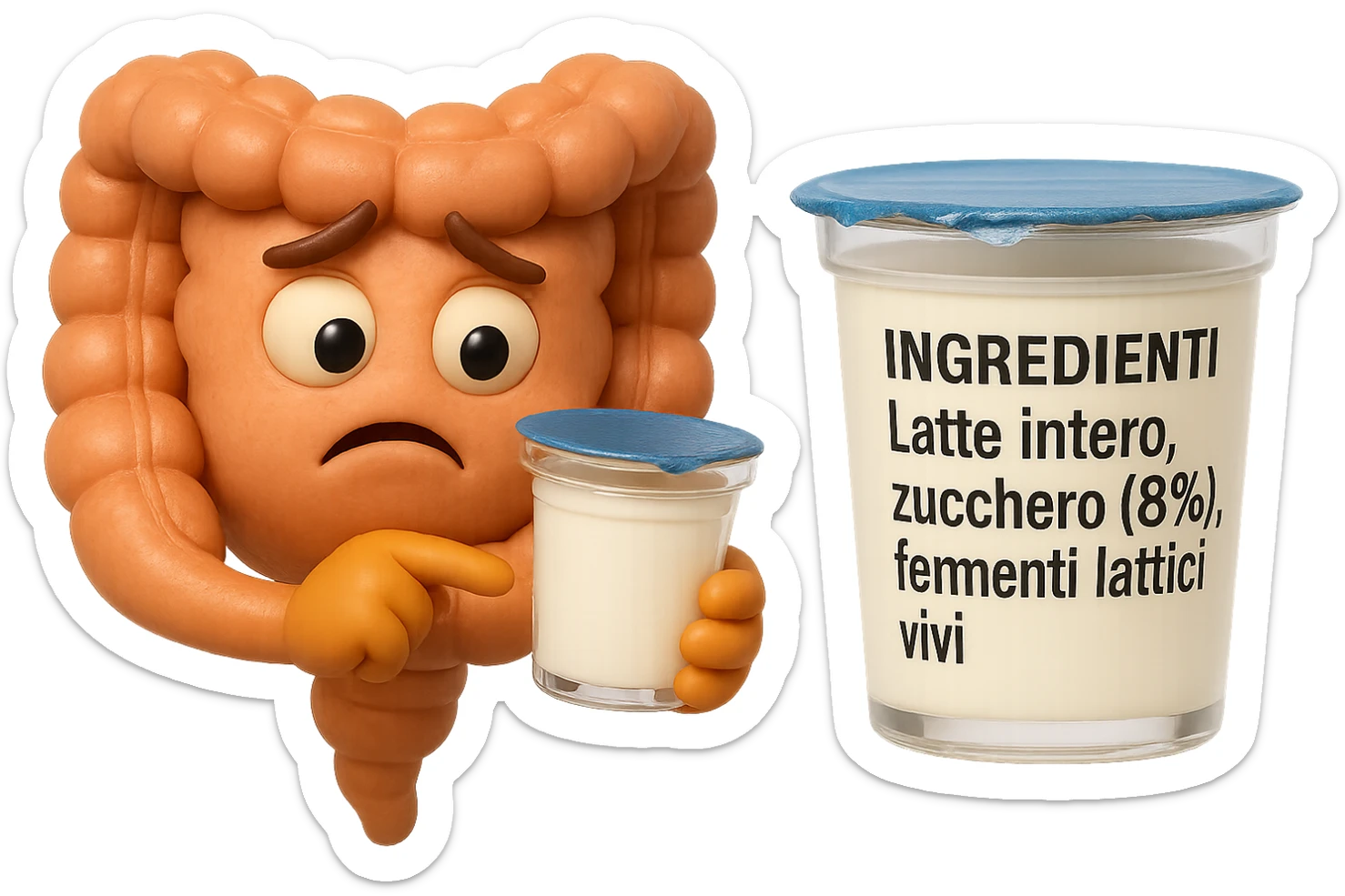 SU QUESTO STILE FAI UN EMOJI STILE IPHONE 3D DI UN INTESTINO CHE HA IN MANO UN BARATTOLO DI YOGURT CONFEZIONATO DA SUPERMERCATO E LEGGE L'ETICHETTA NUTRIZIONALE CON GLI INGREDIENTI IN ITALIANO, ACCANTO ALLO YOGURT CHE HA IN MANO C'è UN FOCUS SULL'ETICHETTA CON GLI INGREDIENTI SCRITTI, FAGLI UN ESPRESSIONE CONFUSA MENTRE LEGGE E FALLO MOLTO REALISTICO IN 3D sticker