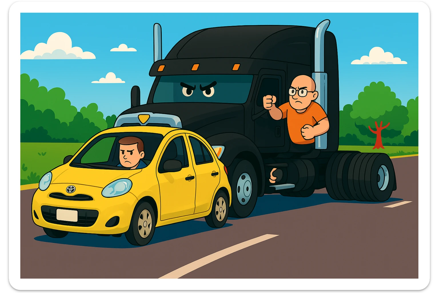 Make the driver of the black semi truck look angry, bald, wearing an orange shirt and glasses, with their arm out the window. Keep the scene bright and vibrant, with a person in the car in front. sticker