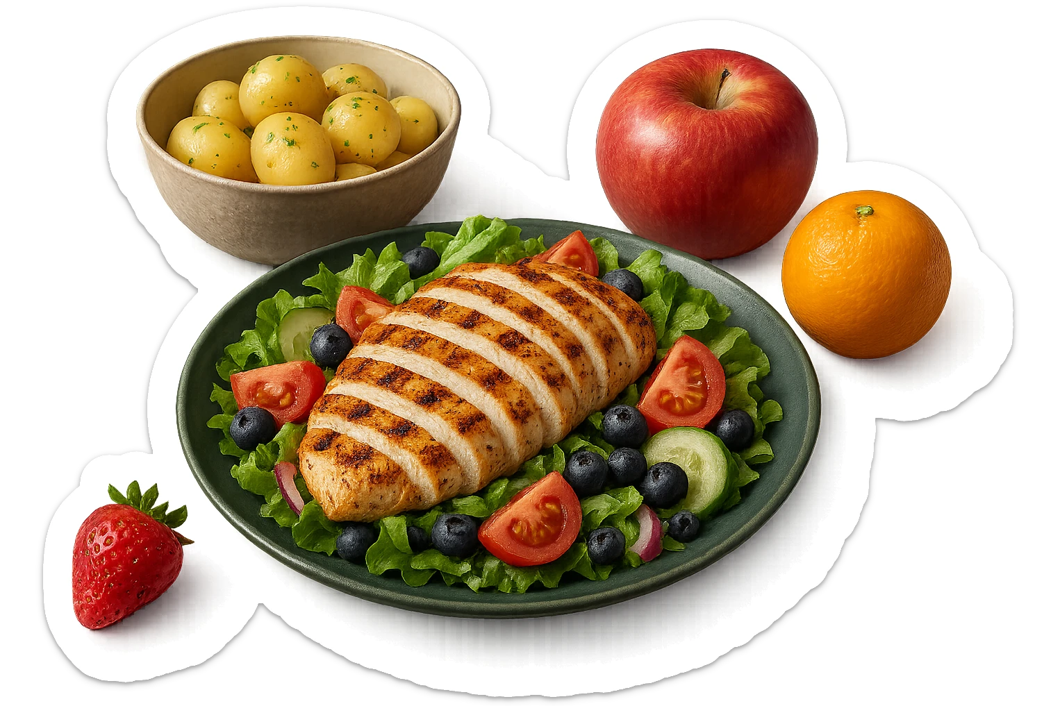 insalate con petto di pollo grigliato e bowl di patate cotte poggiate per terra e frutta fresca, iperrealistico 4k sticker