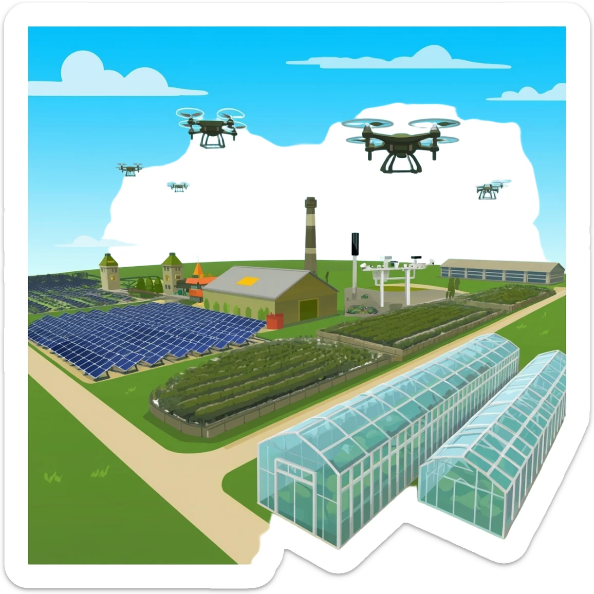 a military grade ai farms building from an overhead view sticker