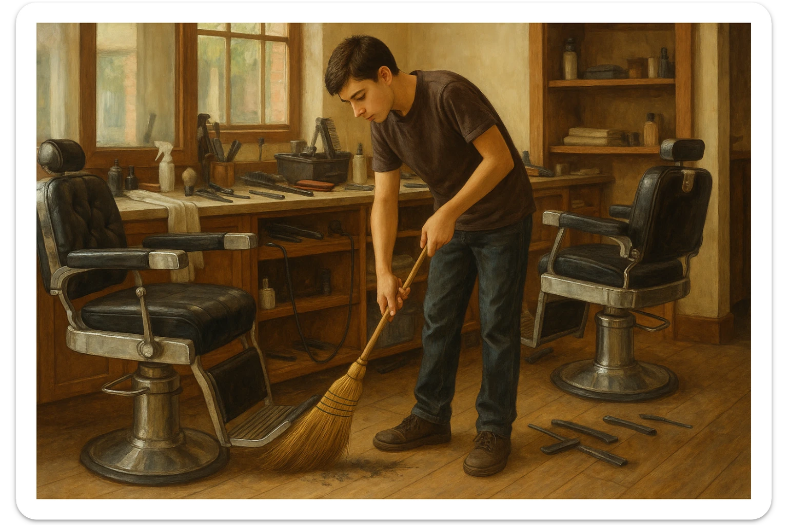 sartaroshxonani tozalayotgan o'smirin bola juda  yosh ham emas katta ham supir sudir qilaytgani narsalarni tozalayotgani  
 sticker