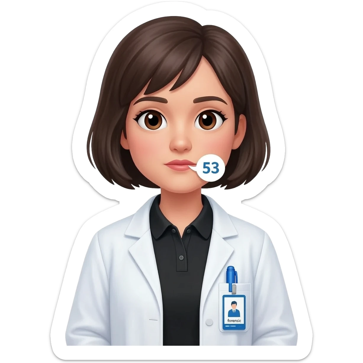 Hacer un emoji con bata, que se alcance a ver una bolígrafo azul en la bata, una polo color negro y un gafete colgando que diga forense, la cara que sea un poco femenina, cabello corto peinado, que de su boca salga un globo de hablar que diga 53 sticker