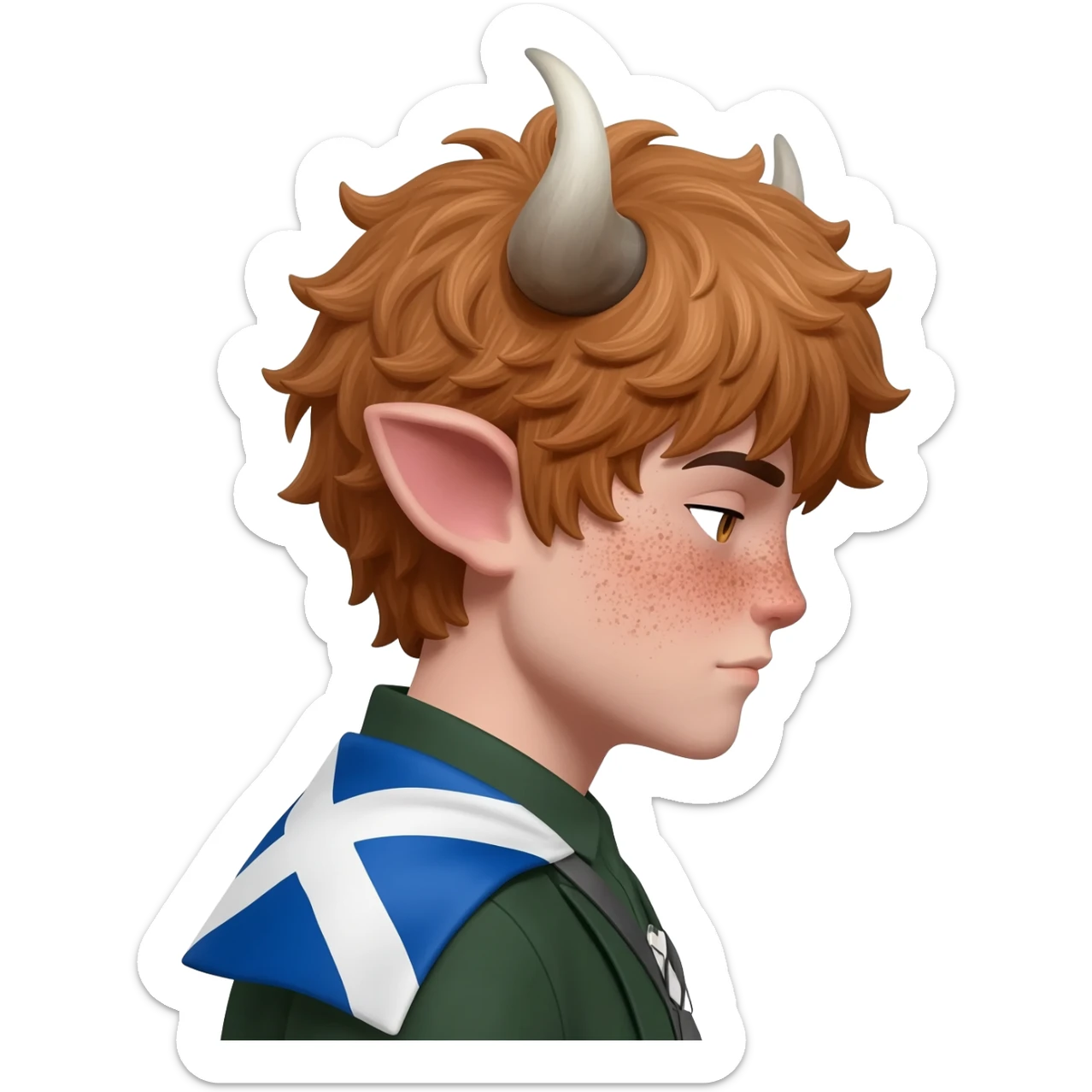curly femboy with freckles with messy light brown bangs covering the eyes with bull horns and bull ears with scottish flag on his shoulders side view sticker