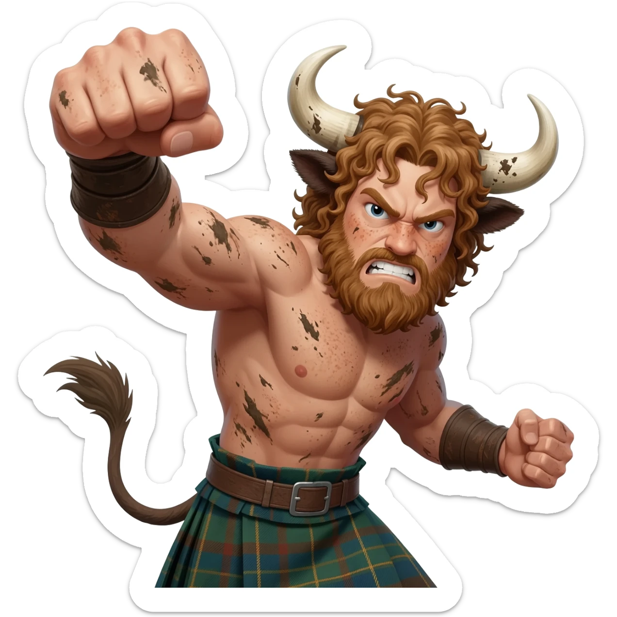 big buff curly hairy man covered in dirt with freckles with messy light brown bangs that covers his face completely with bull horns and bull ears and bull tail dressed in kilt punches with left hook closeup furious expression sticker