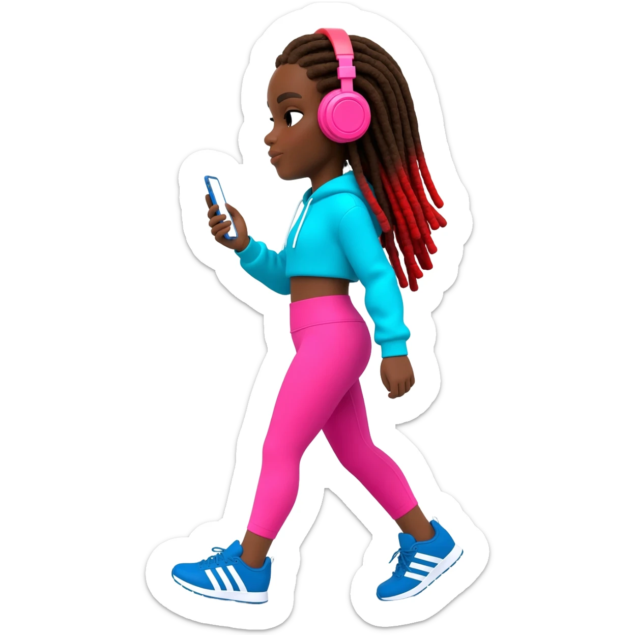 African American girl with long brown dreadlocks with red tips, pink workout leggings and a bright blue cropped hoodie, wearing big pink headphones and blue adidas pumps, taking a walk phone in hand sticker