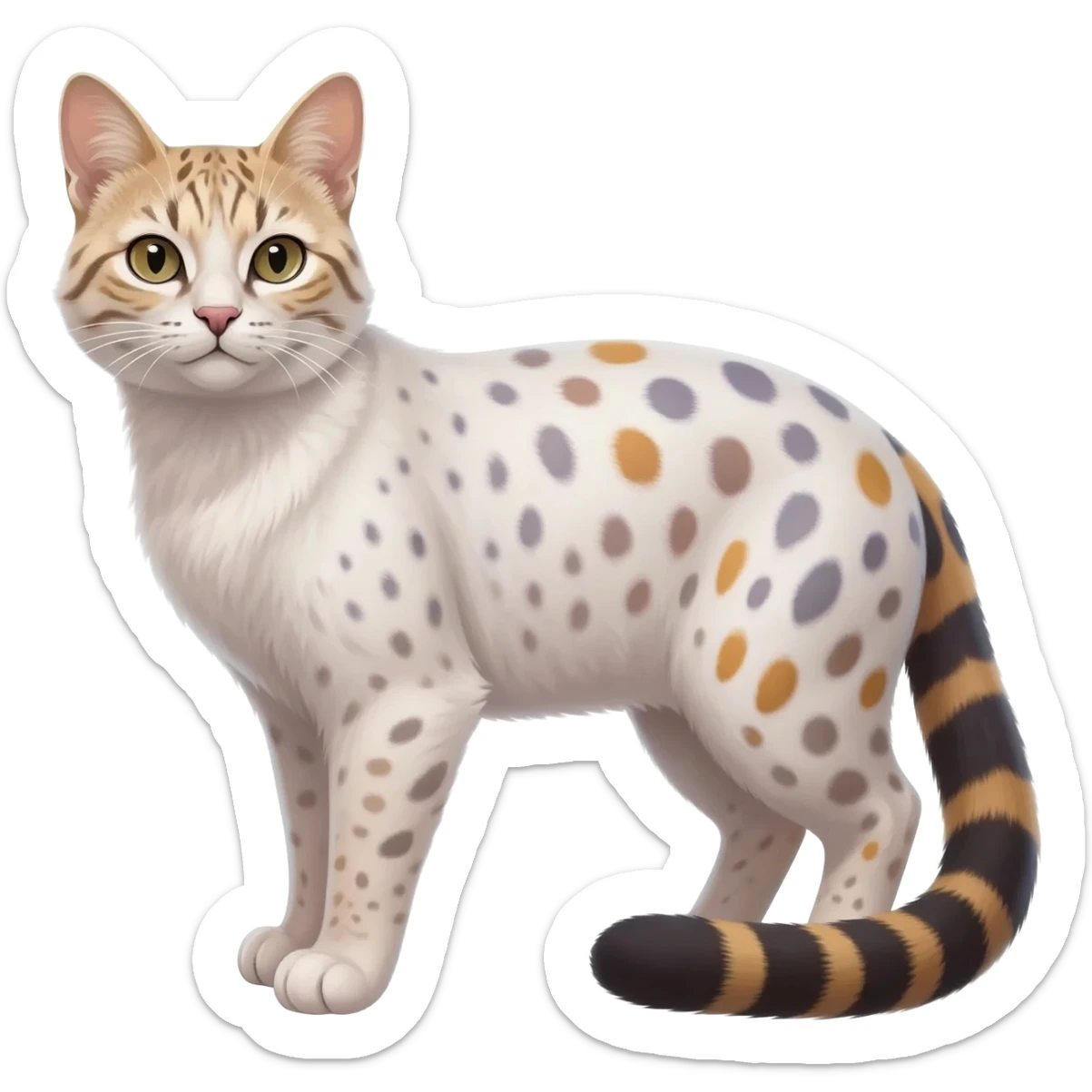 Realistic albino albinism colorful shiny glossy smooth whitish pastel dusky dark gloomy wild natural elegant lifelike Pallas-cat-ocicat-ocelot-Rusty-spotted-cat-fusion-hybrid-animal-creature, full body, hyper-realism sticker