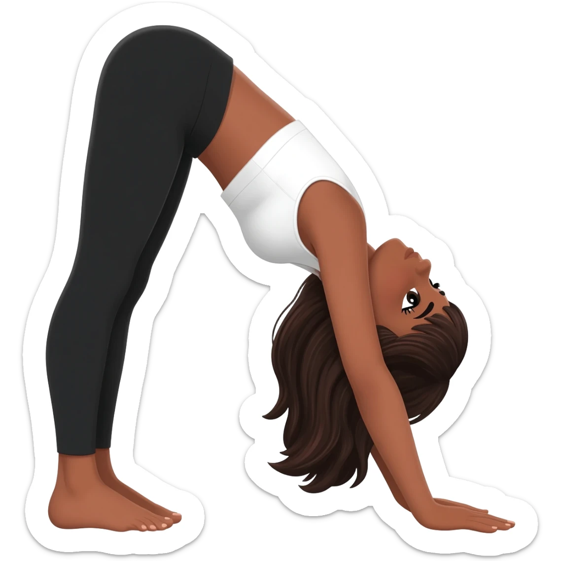 Девушка белокожая с правильными пропорциями тела стоит в позе собака мордой вниз, только человек, с длинными темными волосами, в коротком белом топе, в черных лосинах, с черными ресницами sticker
