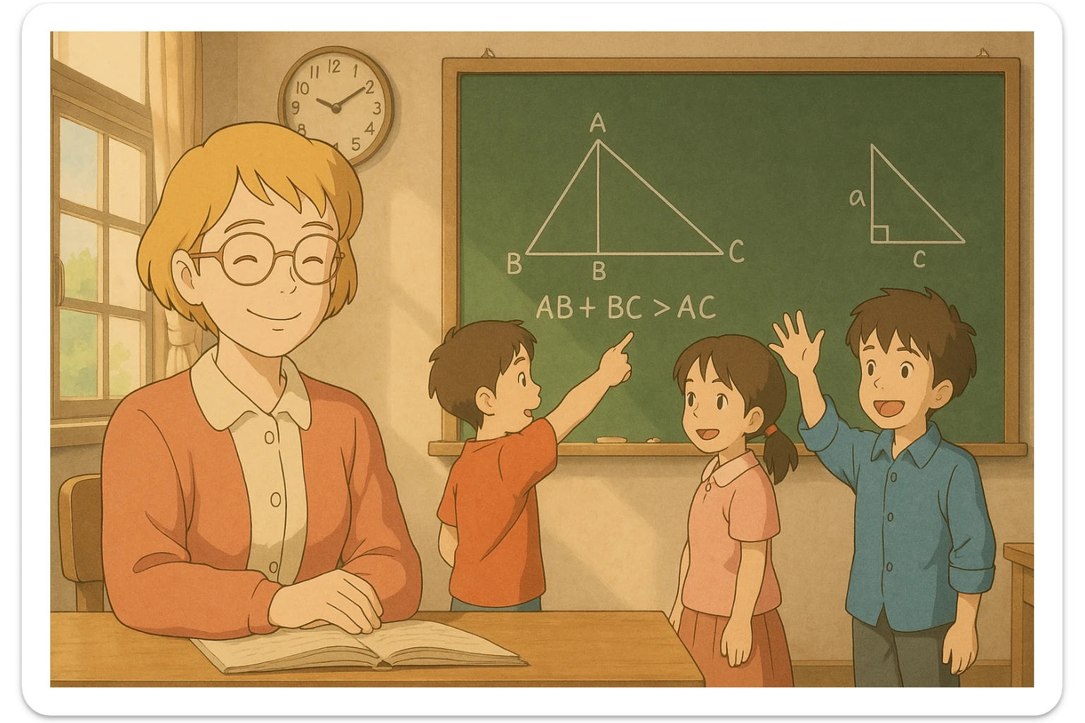 Escena en aula: profesora rubia de pelo corto y gafas redondas, sonriente, tres alumnos explican una diapositiva de geometría, estilo ghibli sticker