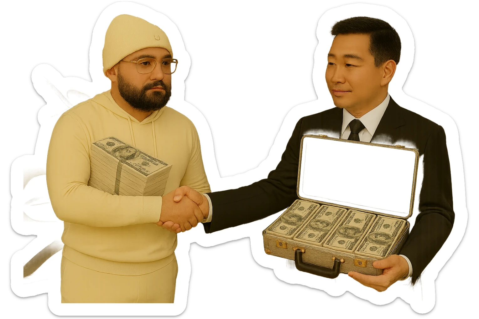 Edit the image to make the money appear to be laying realistically on the Asian man, as if it is naturally resting on him. Keep the briefcase filled with US money, Cartier glasses on the man in the white hoodie, and the car in the background. Maintain a transparent background. sticker
