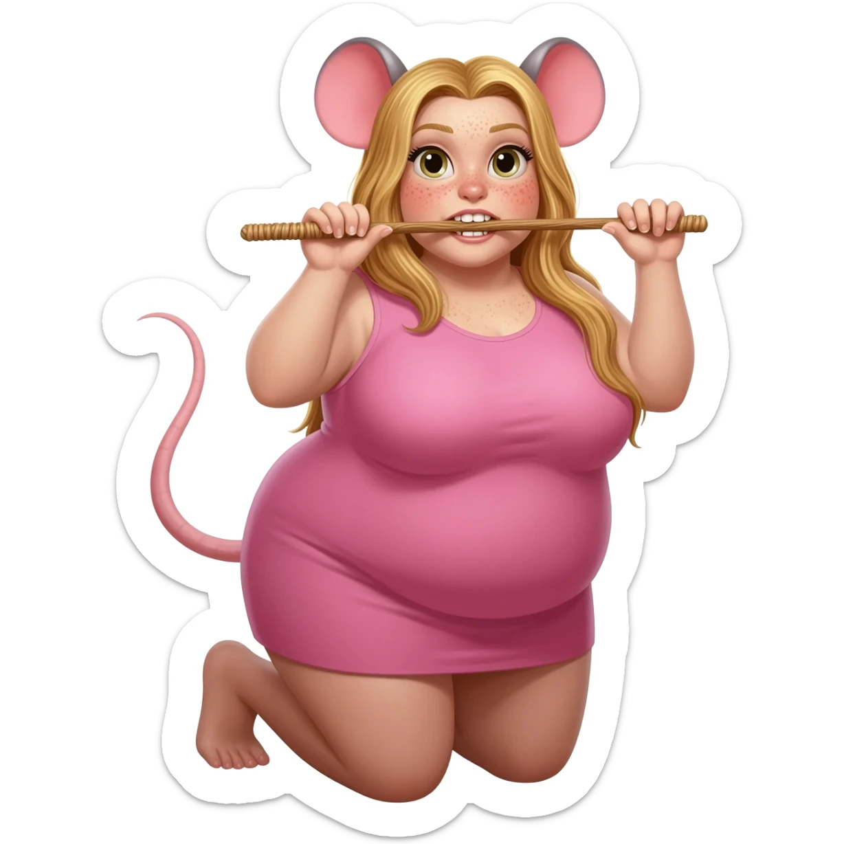 plumpy pretty woman with rat tail and rat ears have blond long hair and freckles. 
she is on her knees and hands and holding the wicker in her teeth sticker