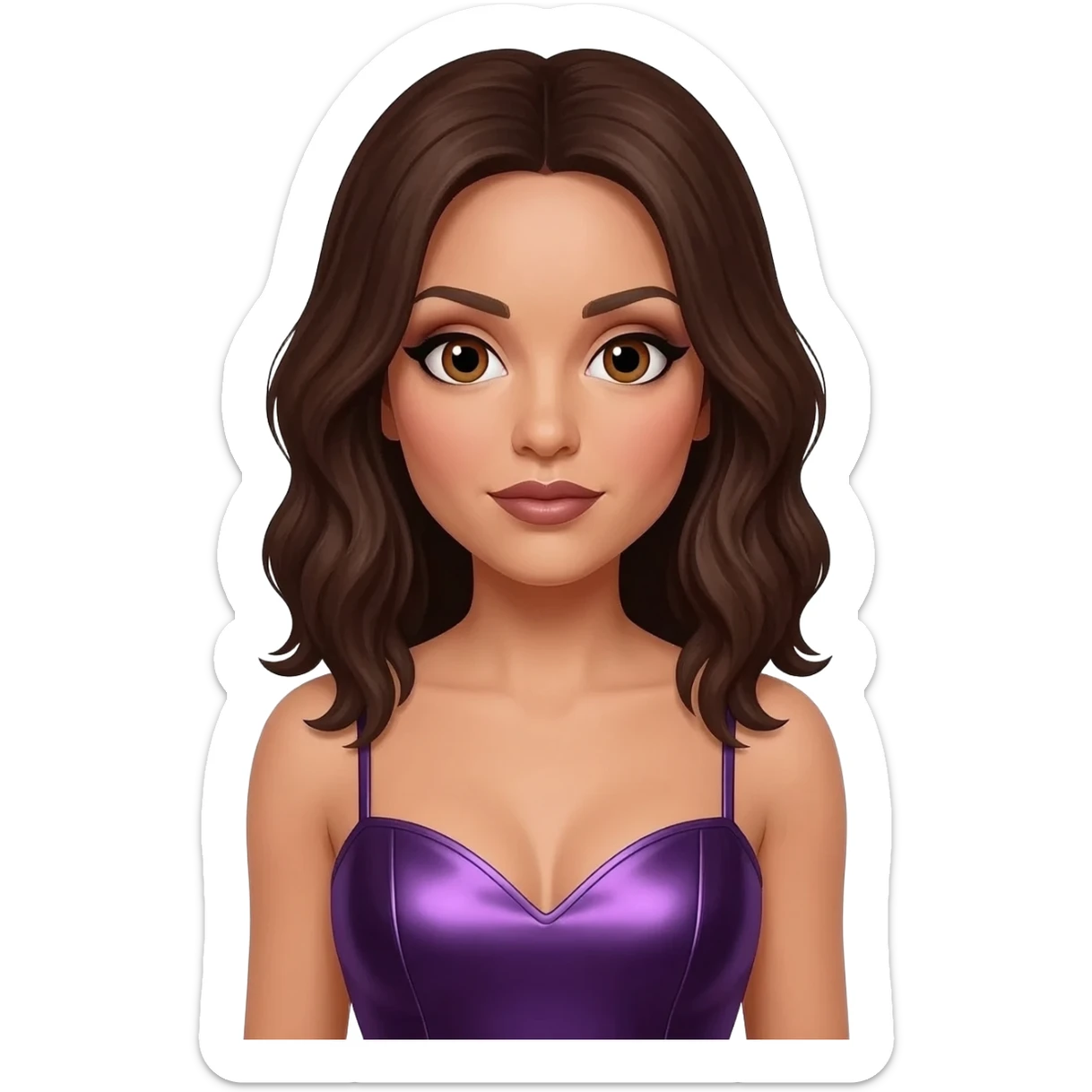 Posh Spice from Spice Girls with brown eyes, dark brown hair, dark purple metallic sweetheart dress sticker