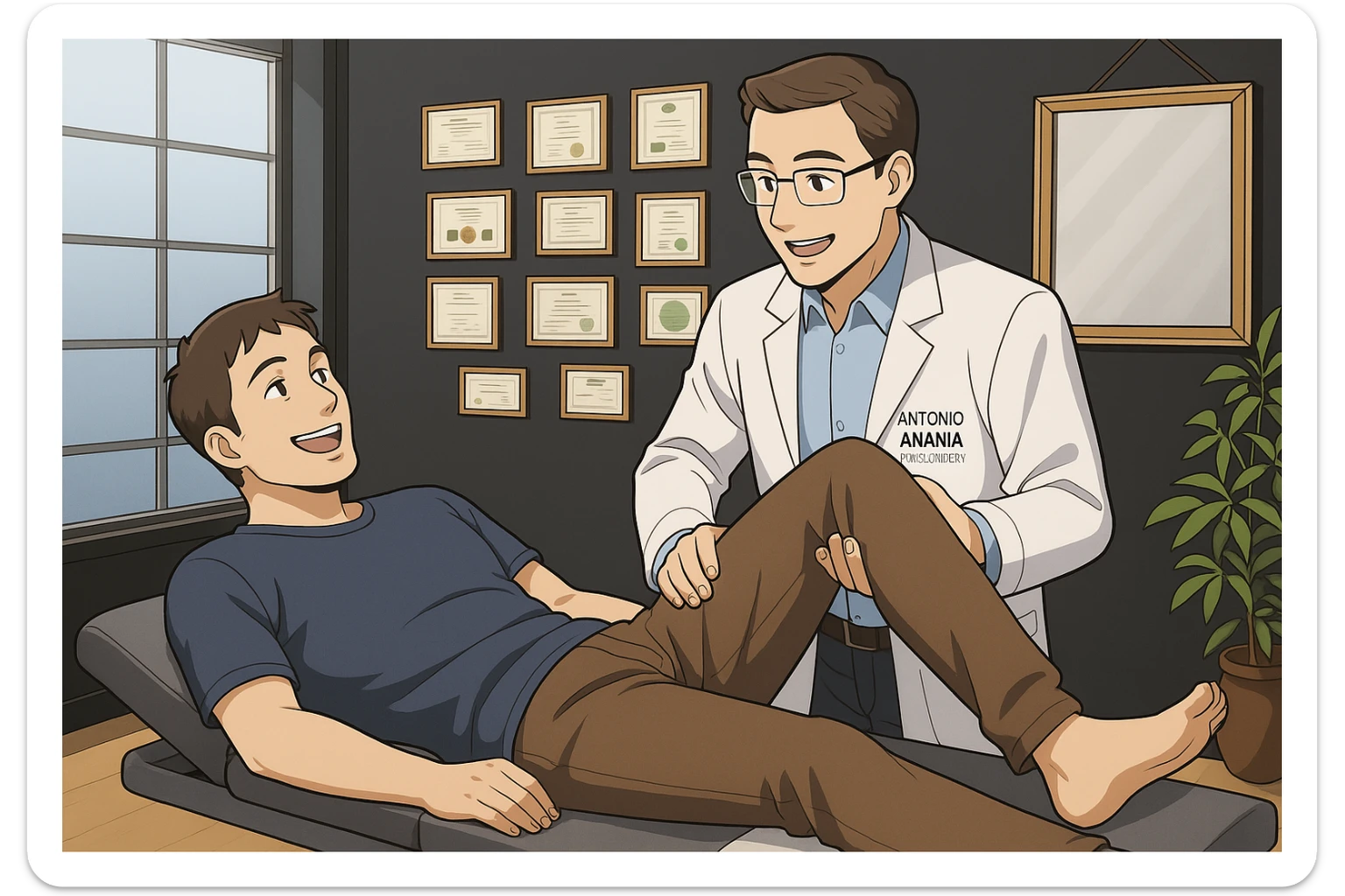su questo lettino rappresenta un webtoon manga a colori con questo stile, in cui un uomo è steso sul lettino medico e il kinesiologo con il camice bianco (fagli anche la scritta "ANTONIO ANANIA" SUL CAMICE, gli solleva una gamba per fargli il test neuromuscolare, IL KINESIOLOGO SPIEGA ALL'UOMO UNA cosa mentre gli alza la gamba. l'espressione dell'uomo è felice e soddisfatta, non fare i fumetti però, fai solo in modo che sembri stiano parlando sticker