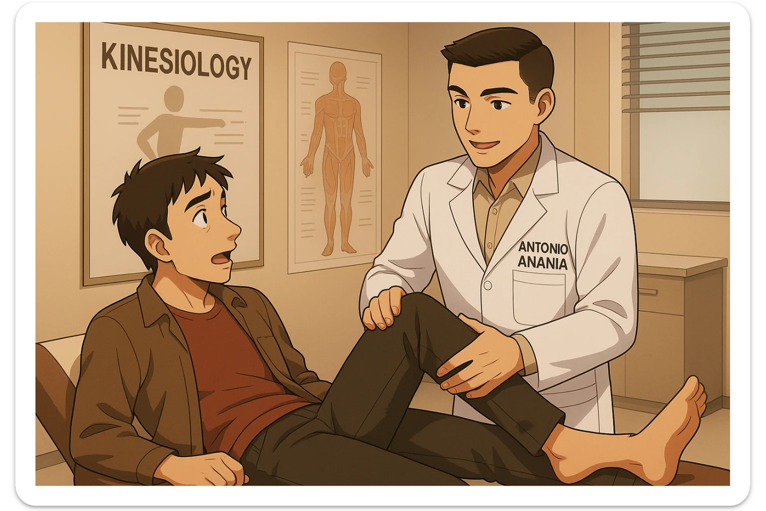 fai un webtoon manga a colori con questo stile, in cui un uomo è steso sul lettino medico e il kinesiologo con il camice bianco (fagli anche la scritta "ANTONIO ANANIA" SUL CAMICE, gli solleva una gamba per fargli il test neuromuscolare, IL KINESIOLOGO SPIEGA ALL'UOMO UNA cosa mentre gli alza la gamba. non fare i fumetti però, fai solo in modo che sembri stiano parlando sticker