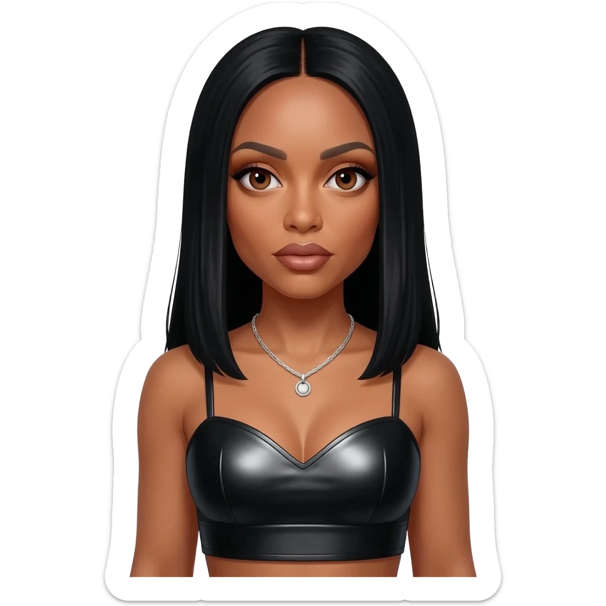 Aaliyah with brown eyes, long straight black hair, black metallic sweetheart crop top, silver necklace sticker