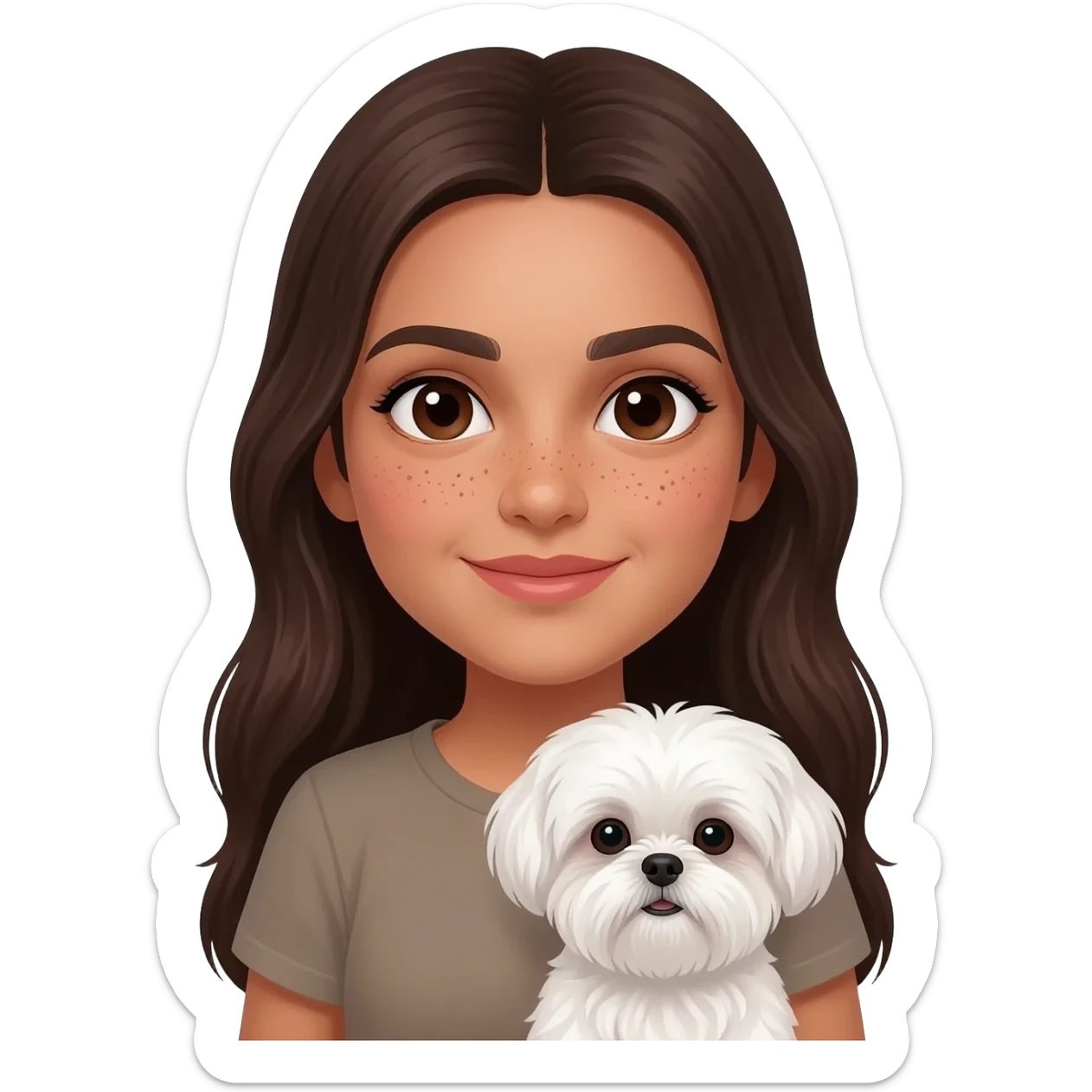 Tanned middle eastern Brunette girl with long hair and beauty spots under her lip and below her eyes, holding white shih tzu sticker