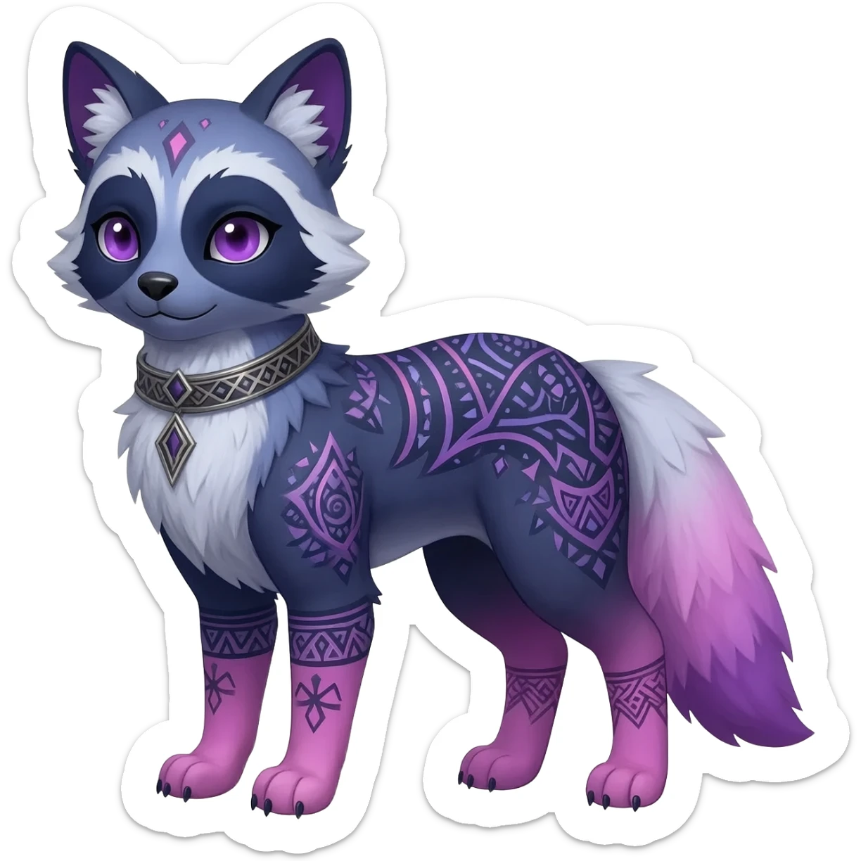 Rare colorful bluish purplish pinkish gradients furry fuzzy silvery exotic cute epic aesthetic gothic colorful Salandit-Eevee-Civet-species-Fakemon-hybrid-creature, with a collar, and with intricate tribal markings, full body sticker
