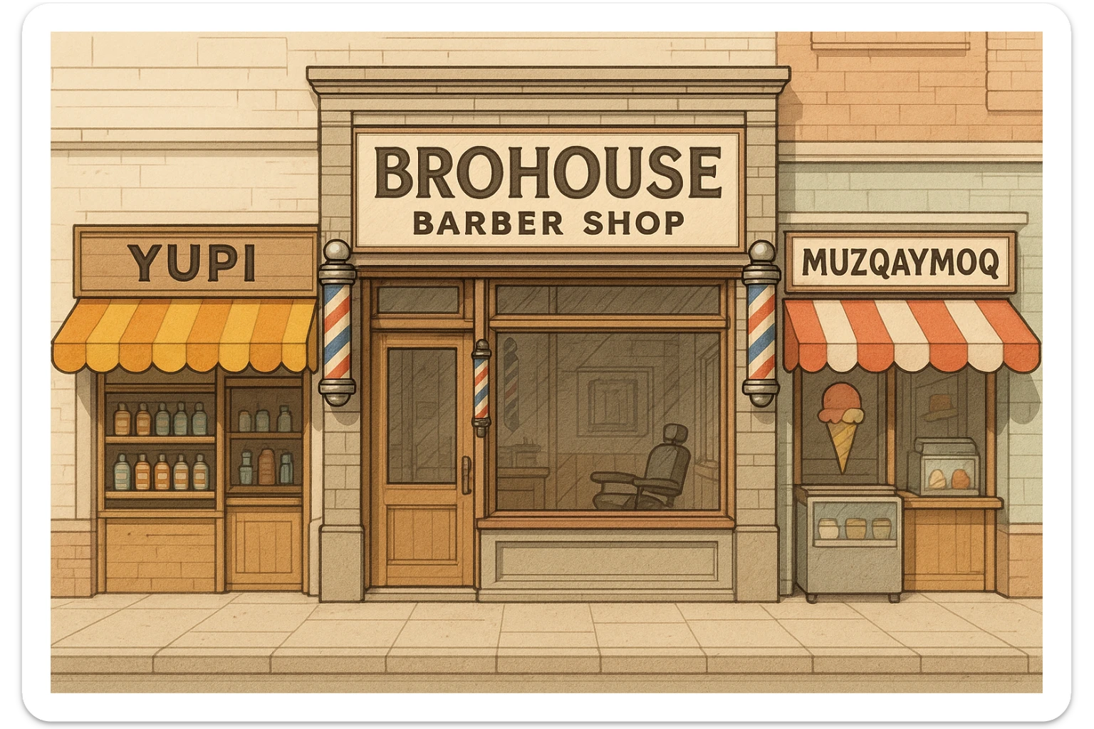 brohouse sartarosh xonasini chizib ber tashqaridan va uning yonida yupi va musqaymoq sotadigan lavkalar bulsin sticker