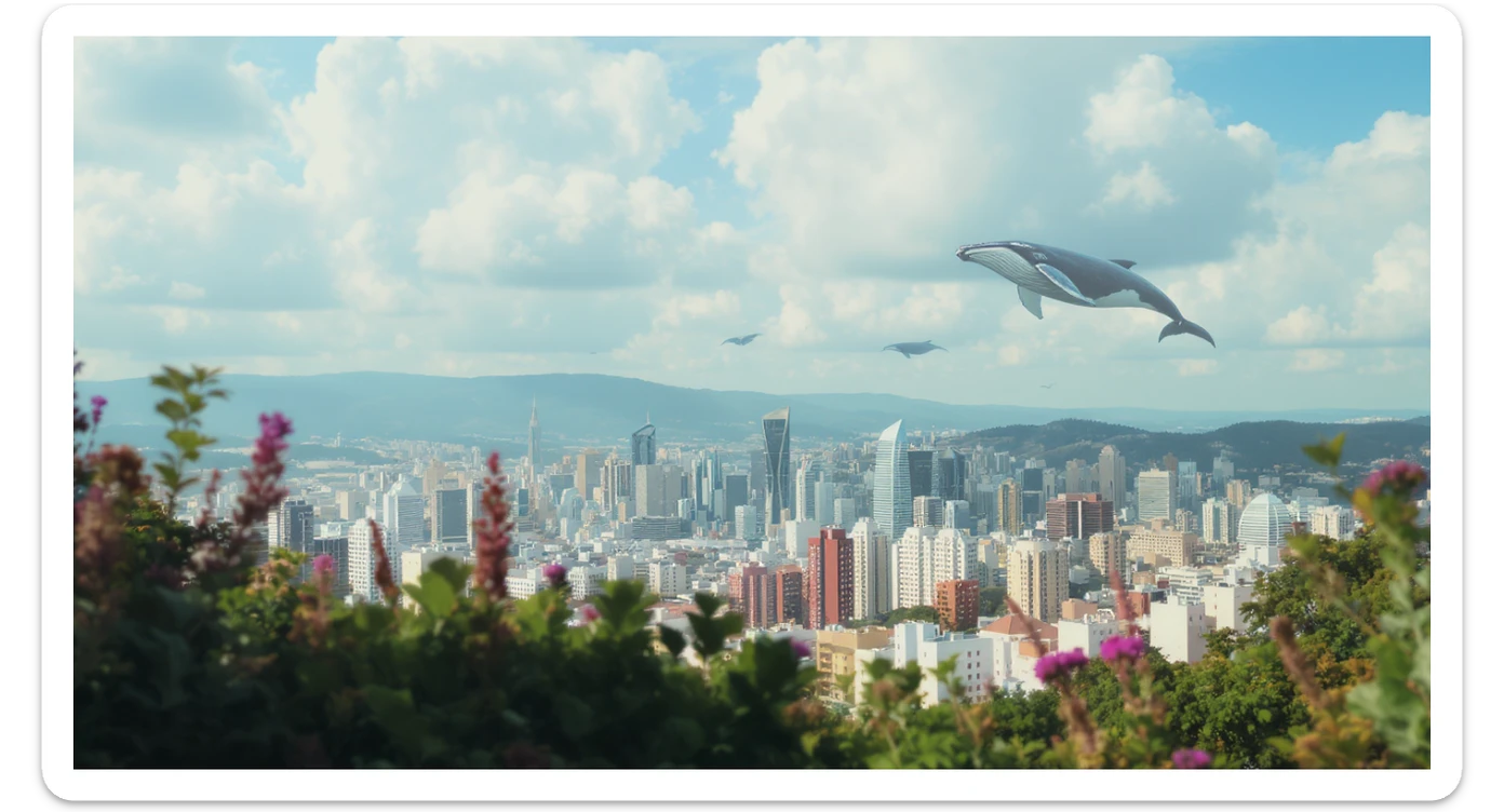 A cinemaatic still of a city, blurred plants in the foreground, giant whales fly above city sky, rolling hills in the background, cinematic depth of field, layered composition, colorfull, blue sky sticker