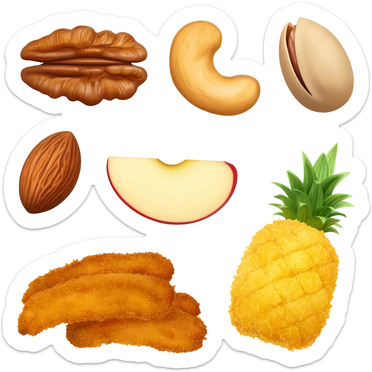 aesthetic ios 18 style different types of nuts such as walnuts, cashews, pistachios, ..., different fried fruits, .... sticker