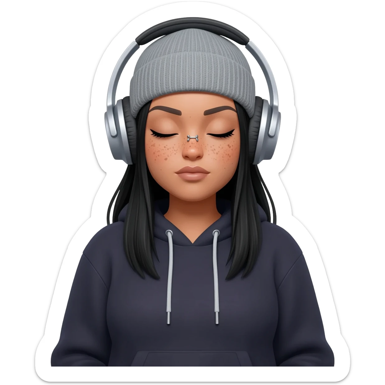 White curvy female with freckles, long straight black hair wearing a beanie and hoodie and nose piercings listening to music sticker