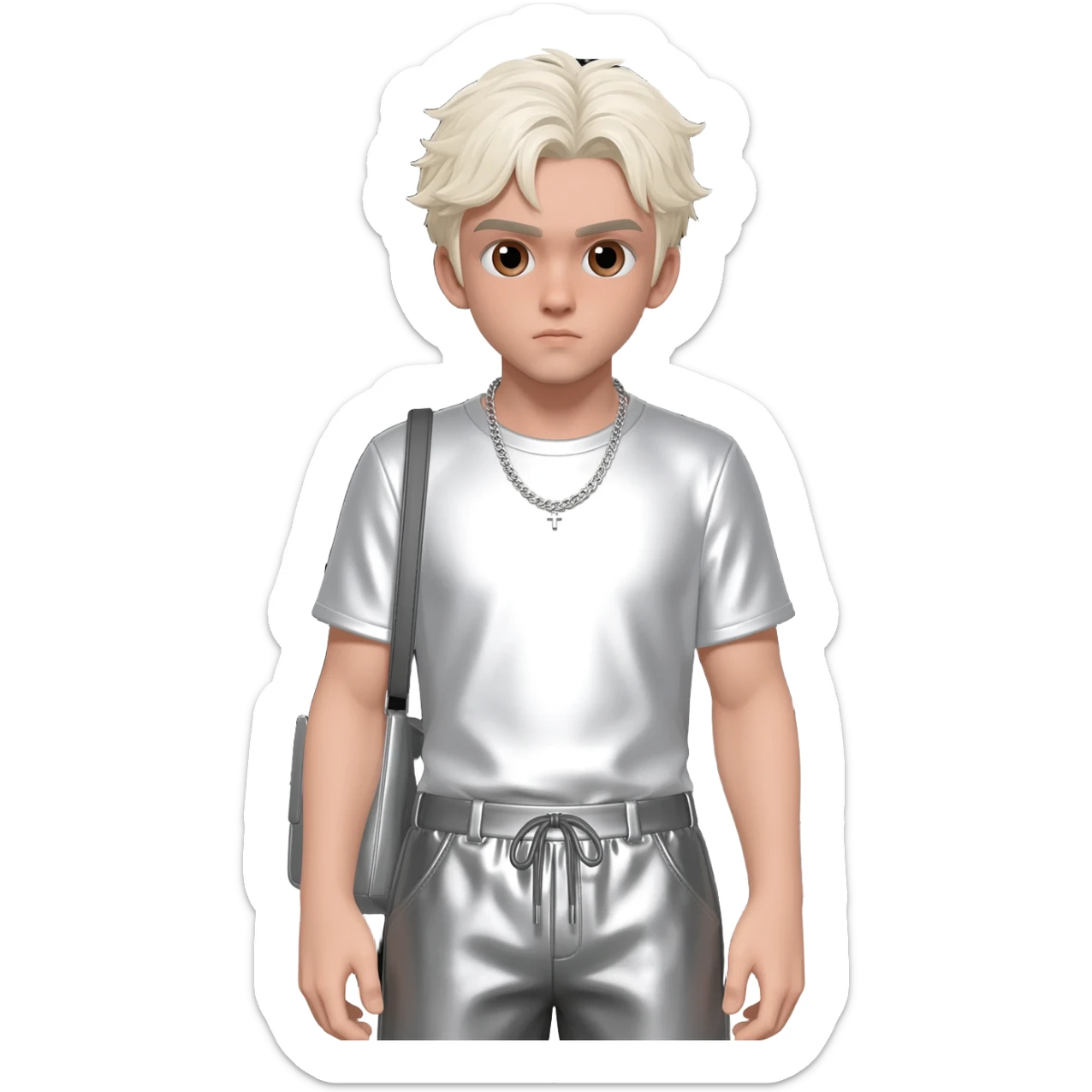XQC with brown eyes, platinum blonde hair, white metallic t-shirt, gray metallic baggy pants, silver necklace sticker
