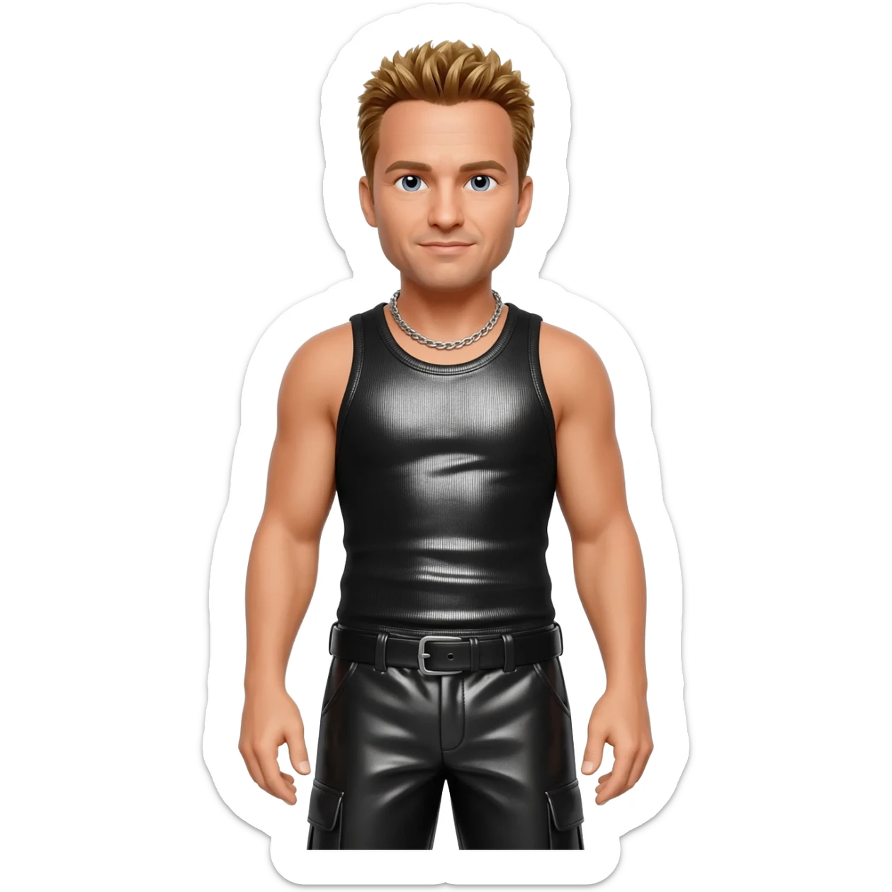Donnie Wahlberg from NKOTB with golden brown hair, black metallic tank top, black metallic baggy pants, silver necklace sticker
