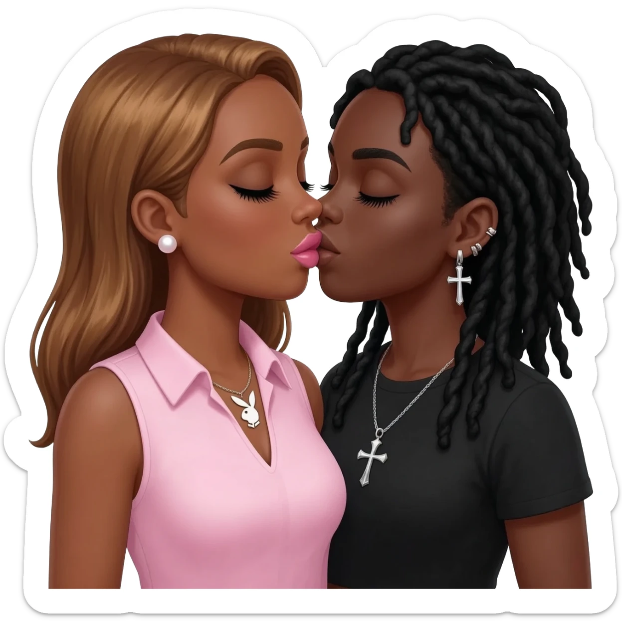 (Bimbo, pearl earrings stud, Light pink cute lips, long middle part with long honey brown hair, dark brown skin, playboy necklace with lashes, light pink sleeveless shirt, kissing the goth black girl with brown skin, cross earrings, ankh necklace with black dreadlocks with white paint on face sticker