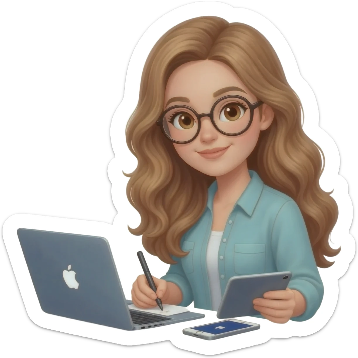 detailed emoji illustration of a woman with long light brown wavy hair and light brown eyes wearing round glasses, writing her book on a MacBook, with an iPad and an iPhone next to her, focused writing atmosphere, emoji style sticker