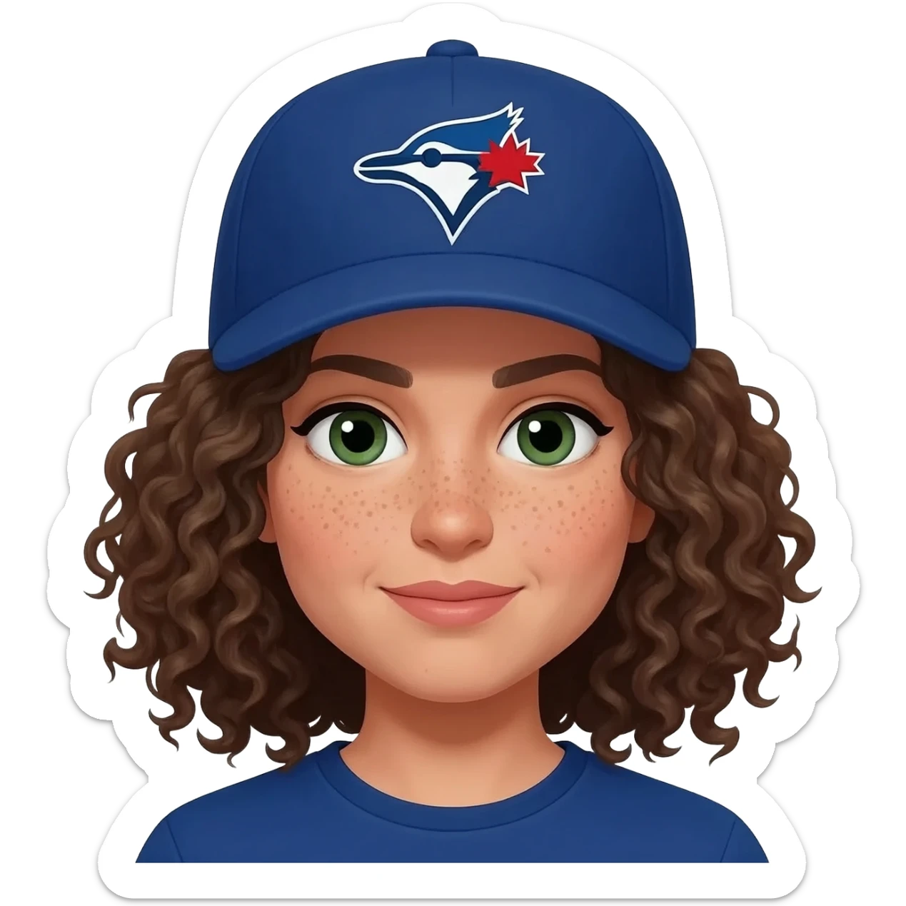 mid sized woman with curly hair and dark green eyes, light skin with some freckles wearing a toronto blue jays hat sticker