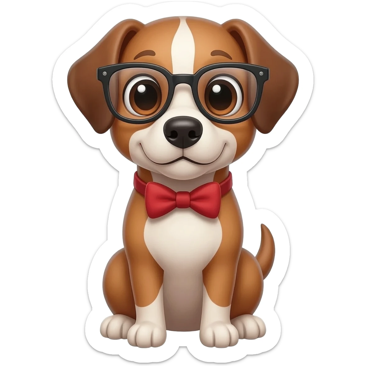 A dog wearing glasses and a bowtie sticker