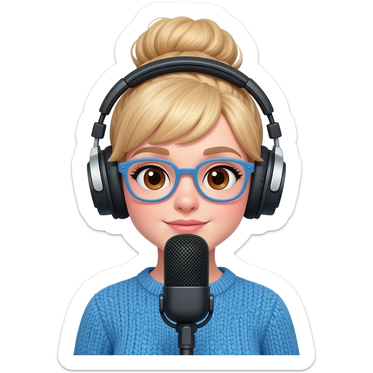 an asthetic girl with blue knitwear with light blonde hair
bun, brown eyes, blue glasses and her job is a podcaster (condenser microphone in front of her face and a headphone in her head) sticker