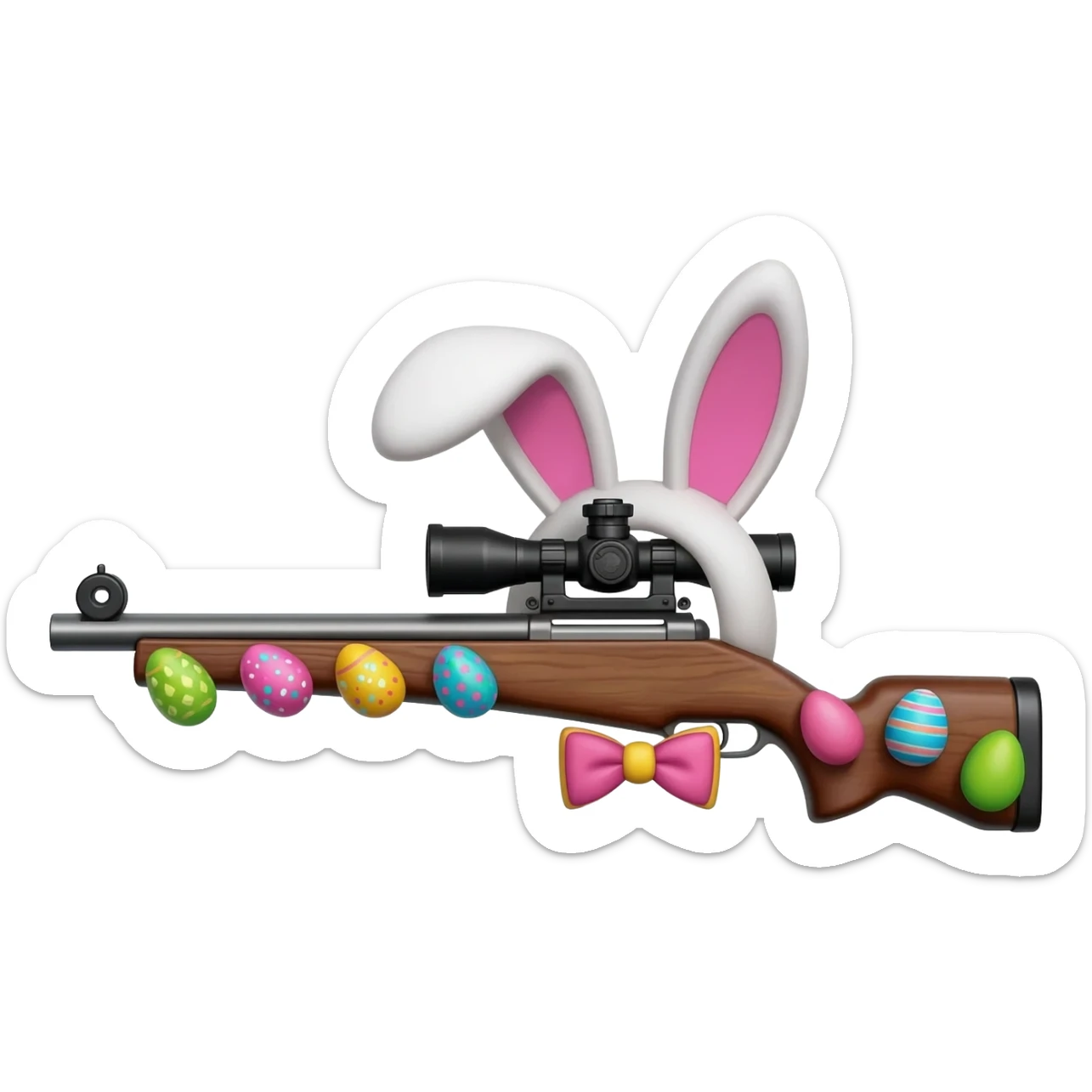 easter theme sniper rifle like with bunny ears and eggs and pink and a tie bow sticker