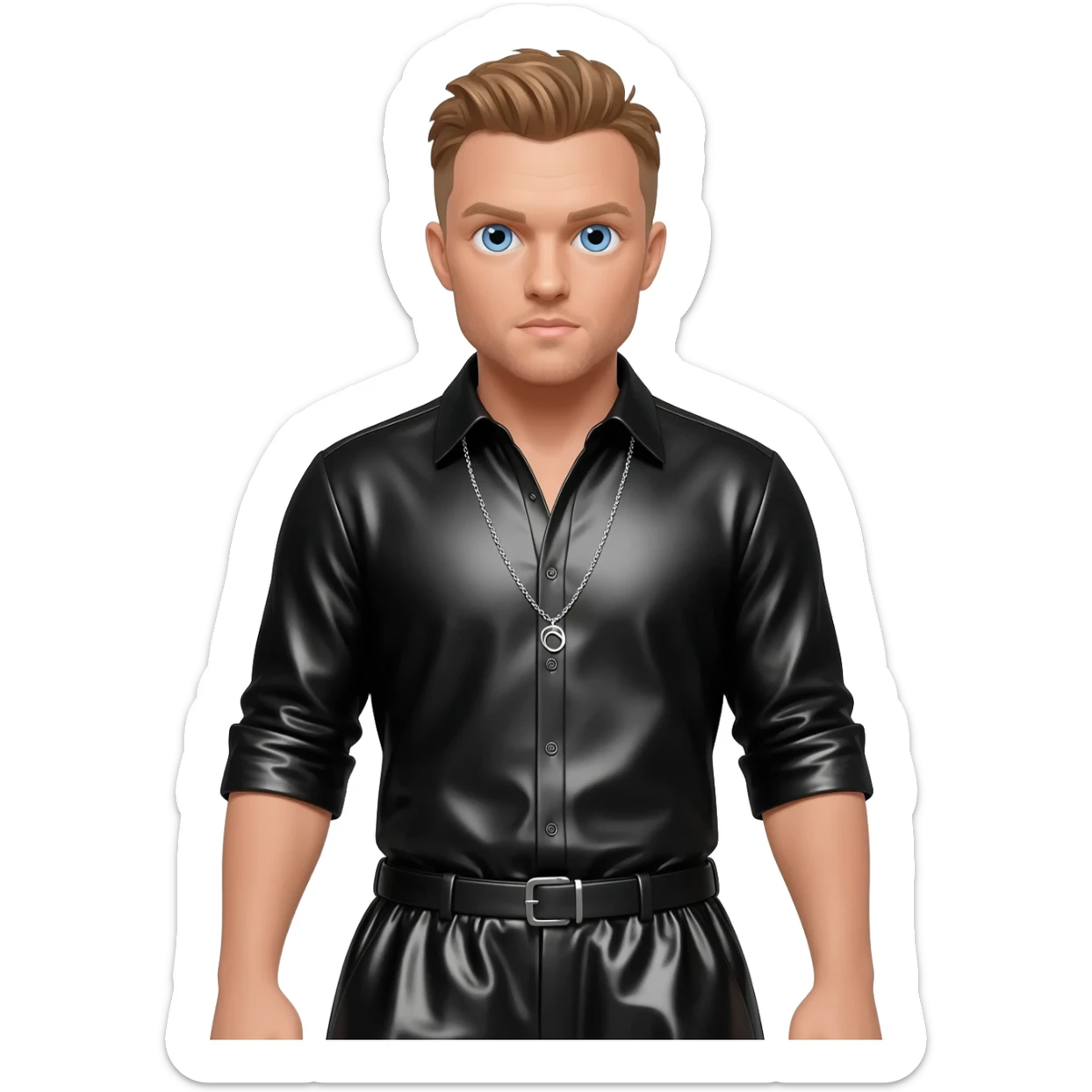 Justin Timberlake with blue eyes, light brown hair, black metallic shirt, black metallic baggy pants, silver necklace sticker