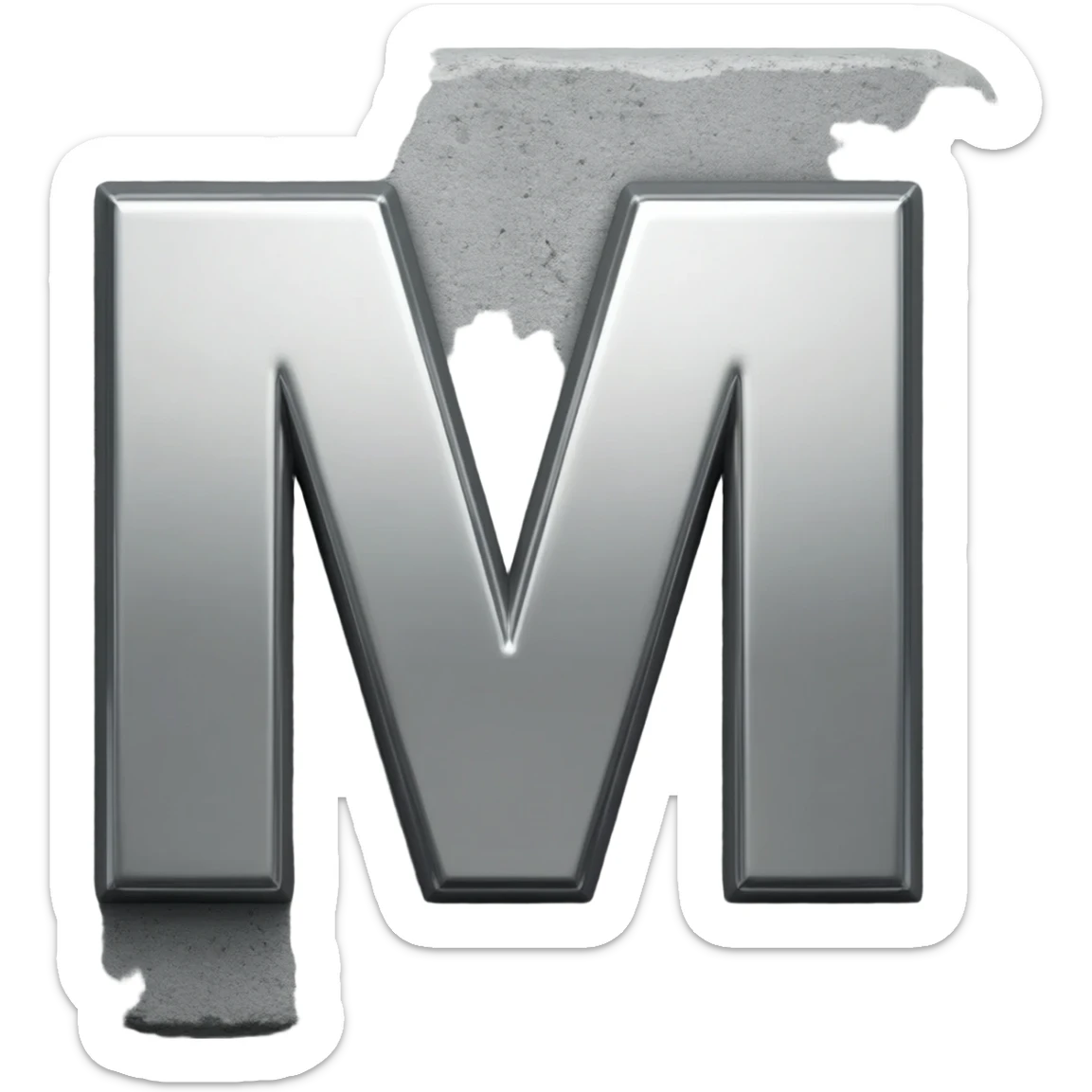 Minimalist 3D emoji based on image_e44ce5.png: massive polished chrome geometric 'M' raised metal relief, integrated central on deeply impressed bare heel in rough grey concrete. Harsh shadows, high contrast sticker