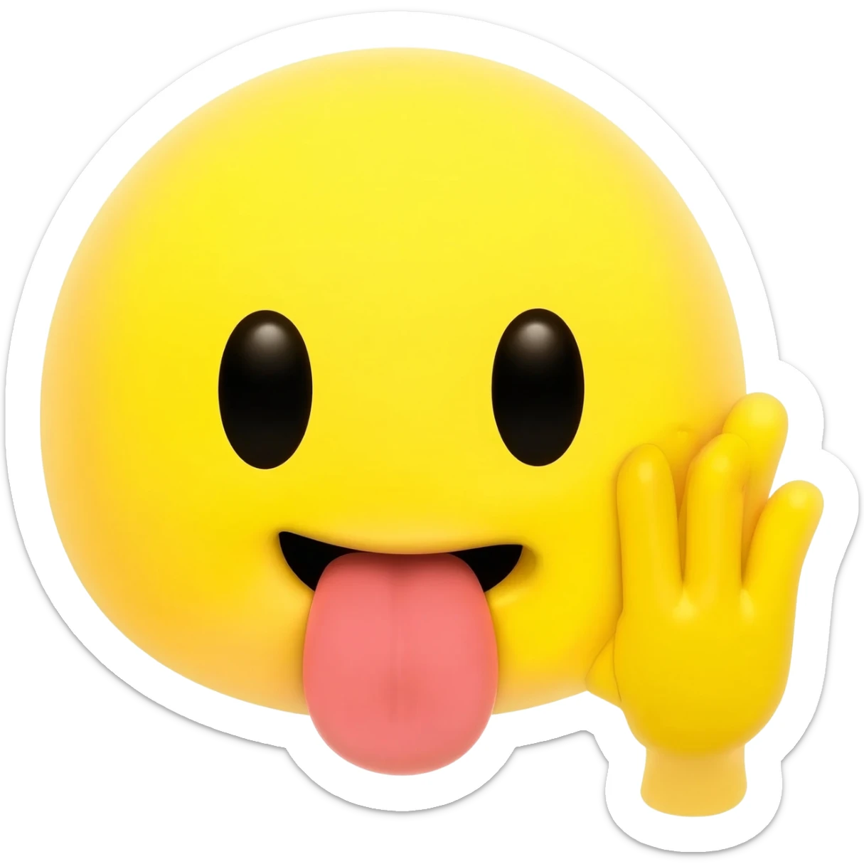 Make a emoji the is like a classic iPhone emoji so it is yellow and make it so the emoji is telling a secret so the hand is right next to the mouth but make the tongue stick out and make the head a circle with no body and the hand is open turned to the side sticker