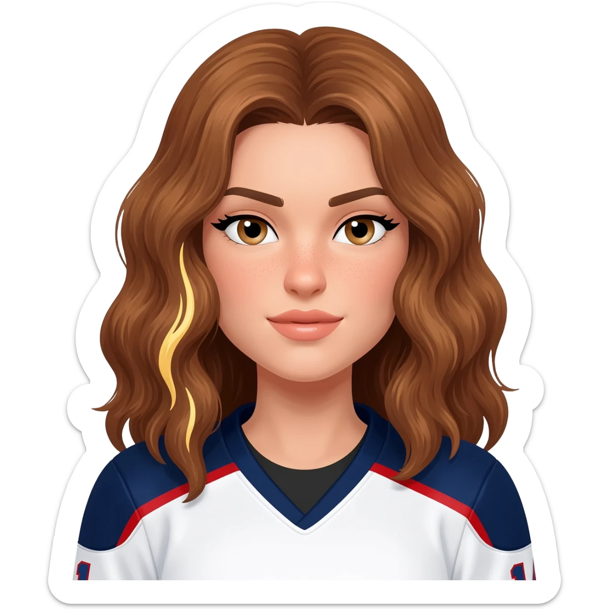 Una chica jugadora de hockey pelo castaño ondulado con mechas rubias una en el lado izquierdo debajo de una capa de pelo y la otra detras y tiene un cuerpo de atleta sticker