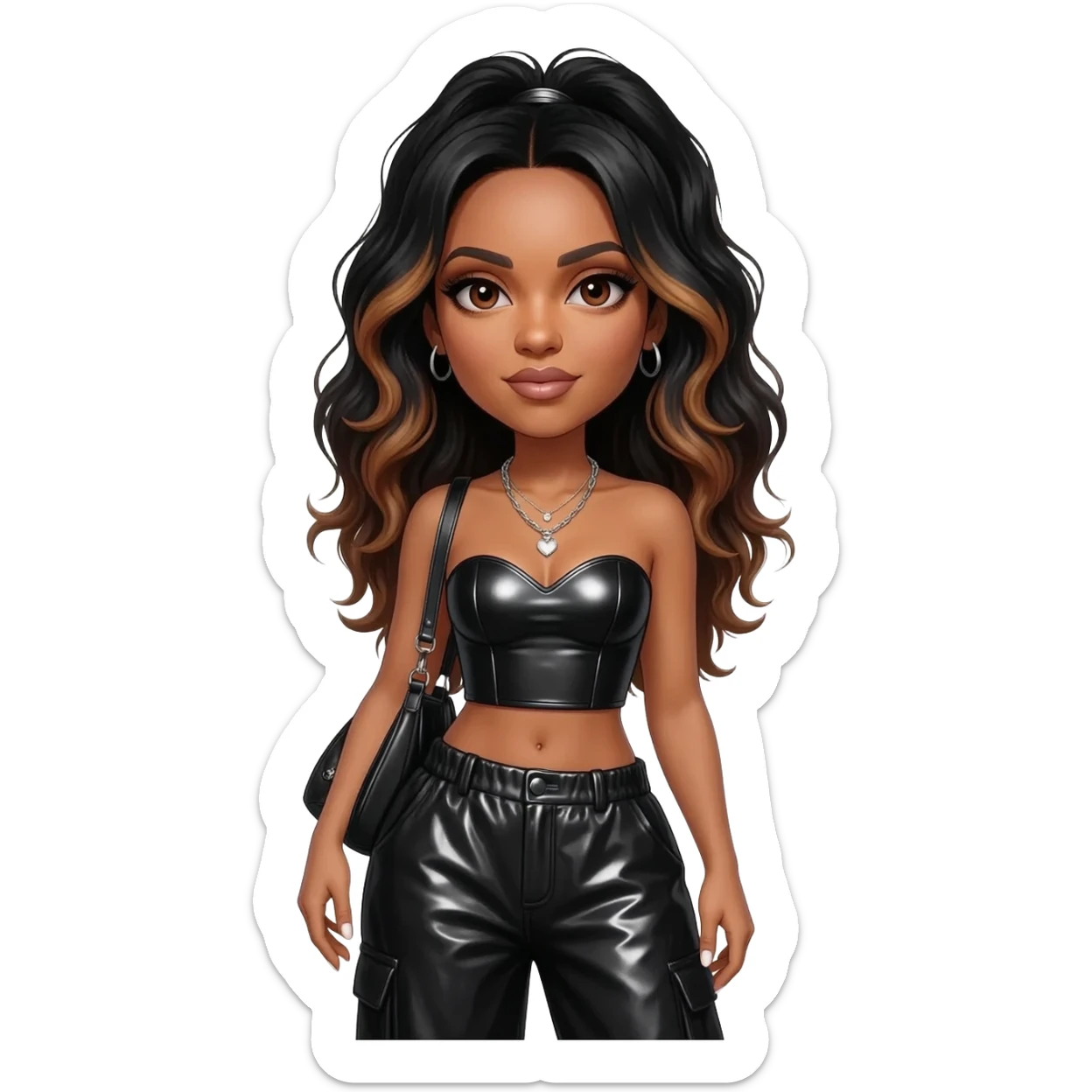 Aaliyah with brown eyes,  jet black hair with brown highlights, black metallic sweetheart crop top, black metallic baggy pants, silver necklace sticker