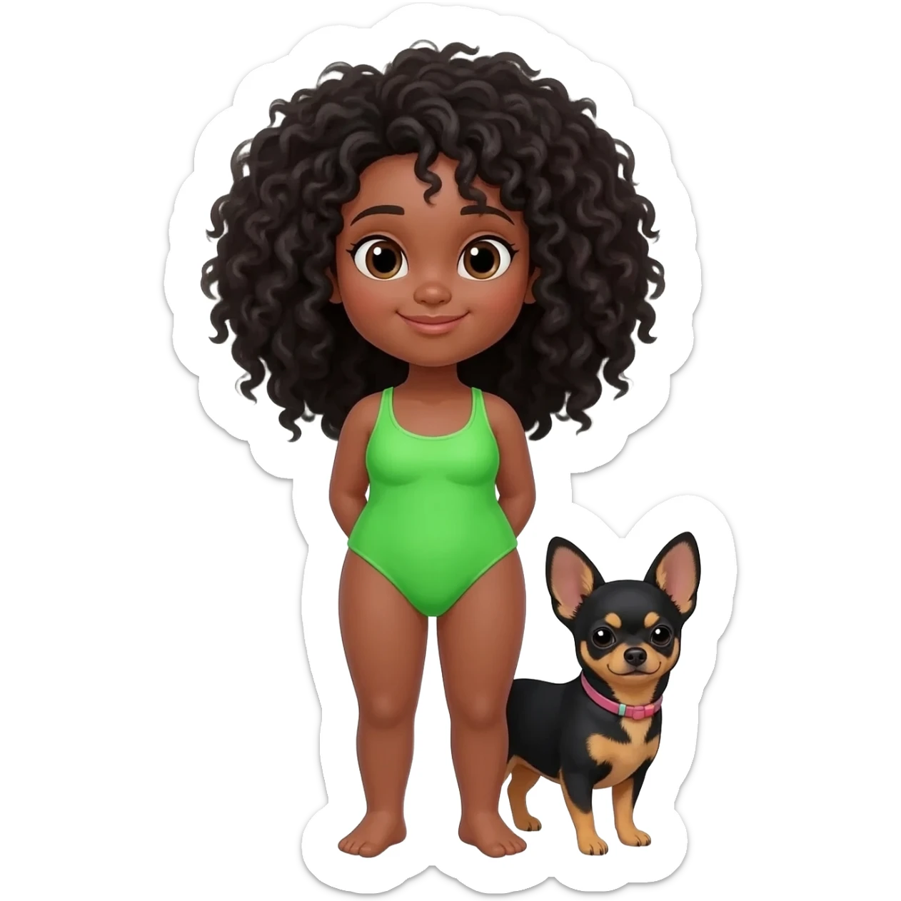 Une fille. Cheveux bouclée. Porte à maillot. Vert. Avec un chihuahua noir marron poil courut c'est une fille daisy et pour finir par apprend dans les brastous les 2. Avec sa maîtresse avec. Et moi mmatichienne sticker
