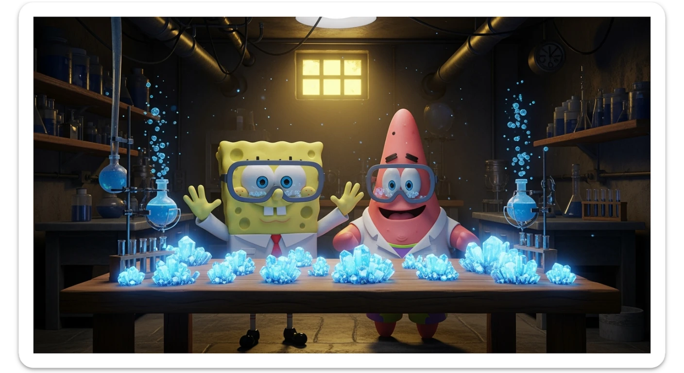 3D cienmatic cartoon shot, spongebob and patric dress in safety glasses and safe white outfit, the are standing front of table with blue crystals on table glowing (light source) science room in basement, back light, Cinema 4d render, proffesional lightning sticker