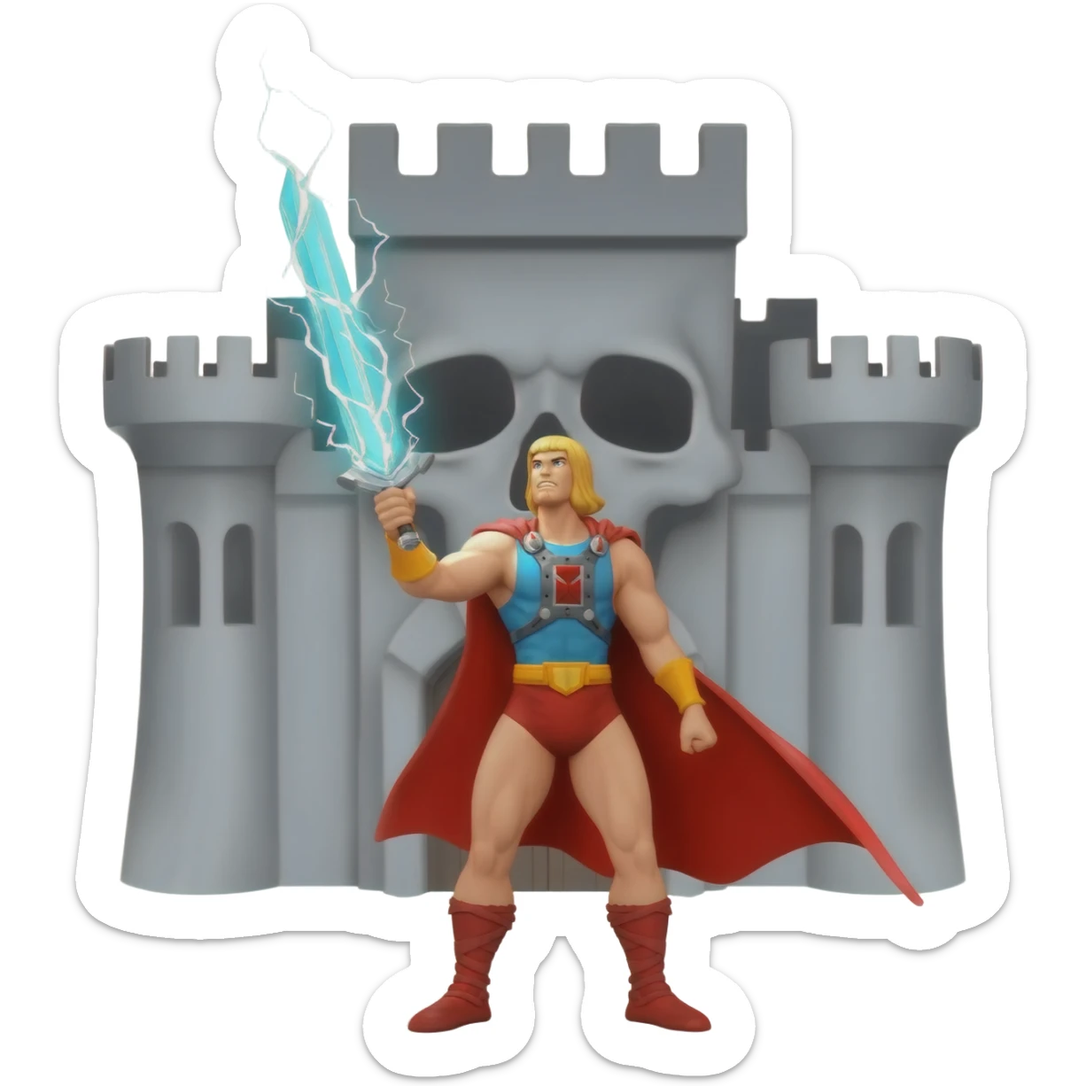 He-man in red cape holding up sword with power color shooting from sword towards sky in front of a large skull shaped gray castle sticker