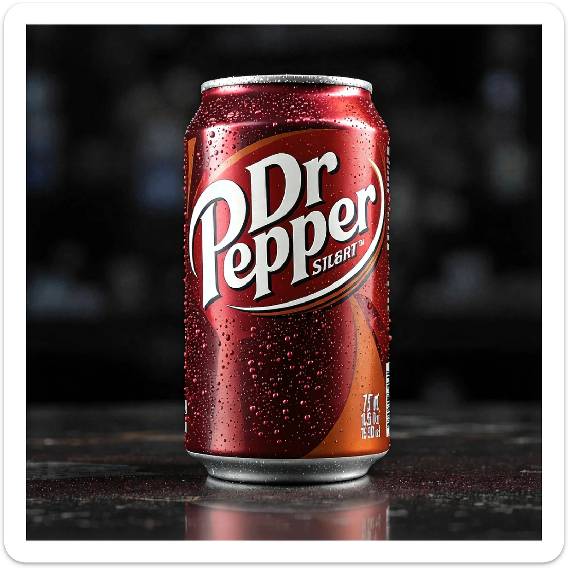 Add a vintage Dr Pepper label to this realistic soda can, keep condensation and vibrant colors. sticker