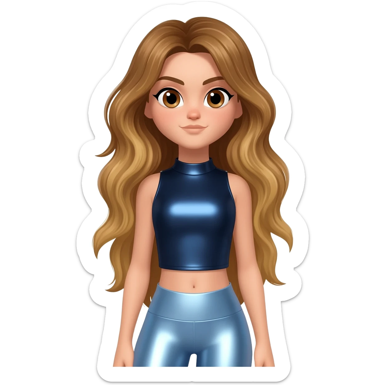 GloomyKassie with brown eyes, long golden brown hair, dark blue metallic crop top, light blue metallic leggings sticker