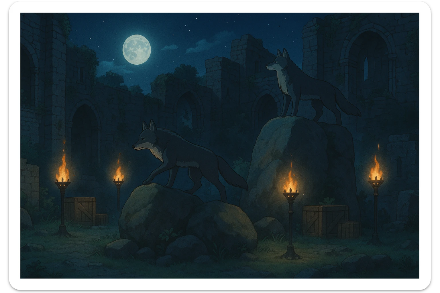midnight within the ruins of abandoned castle yard, protrude boulders with climbing wolves, amid iron torches and crates tucked behind sticker